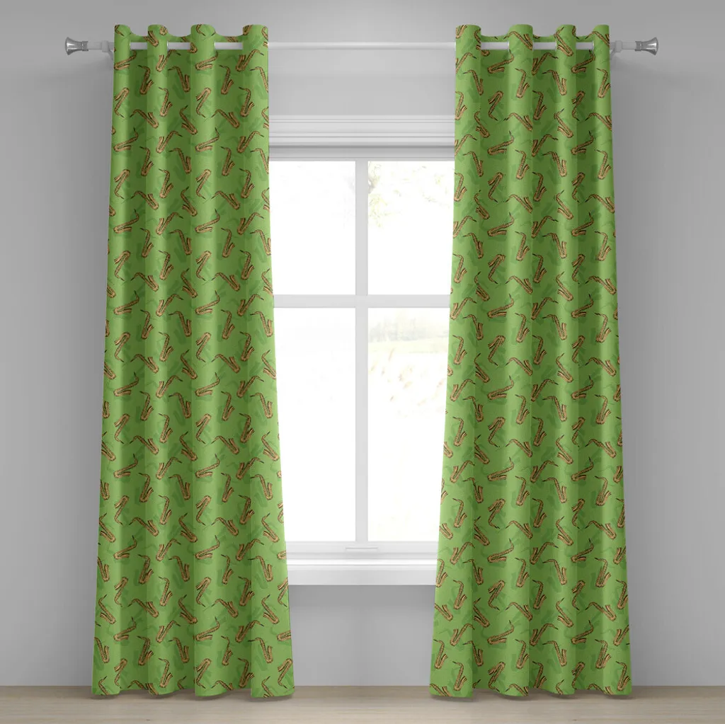 Rideaux décoratifs 2 panneaux motif Orchestre Jazz Vert et Marron 245cm