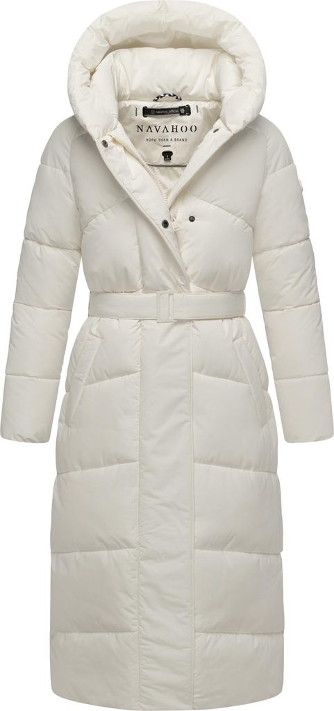 Navahoo Damen Winterjacke Steppmantel lang warm mit Gürtel Eisblick Offwhite 38 - M