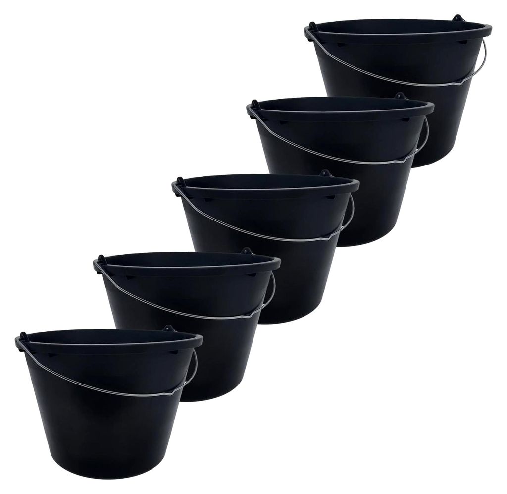 Eimer 12l 5 er Pack Stabiler Zementeimer, Mörteleimer aus Kunststoff, Putzeimer, schwarzer Eimer, Maurerkübel, Wassereimer für Garten, Baustelle...