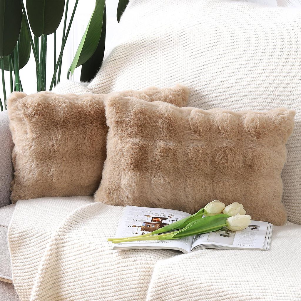 Set aus 2 weichen, flauschigen Dekokissenbezügen aus kurzem Wollsamt im n Stil für Sofa und Schlafzimmer, kamelfarben, 30 x 50 cm