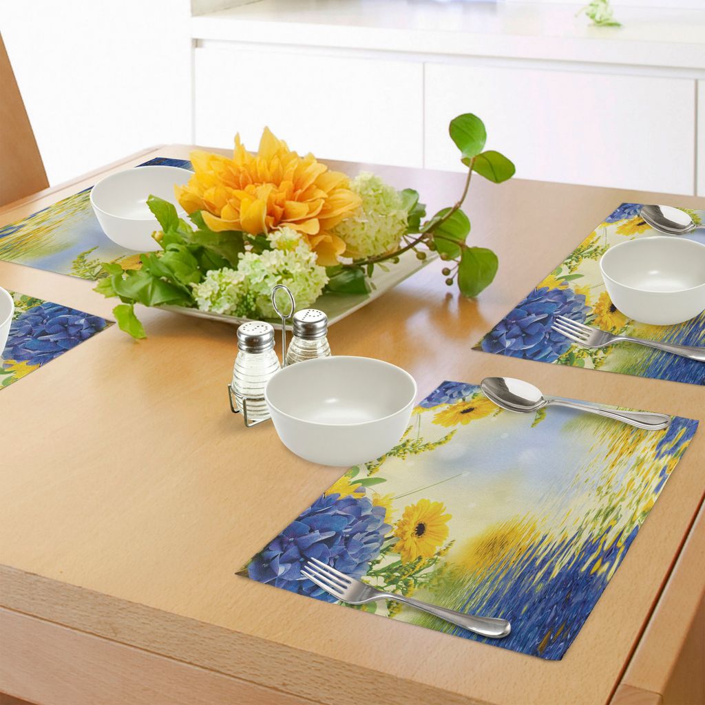ABAKUHAUS Gelb und Blau Platzmatten, Romantischer Blumenstrauß von Hortensien und von Astern auf Wasser-Hintergrund, Untersetzer aus Waschbaren St...