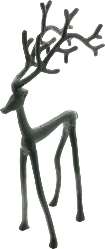 A matte black metal deer figurine.