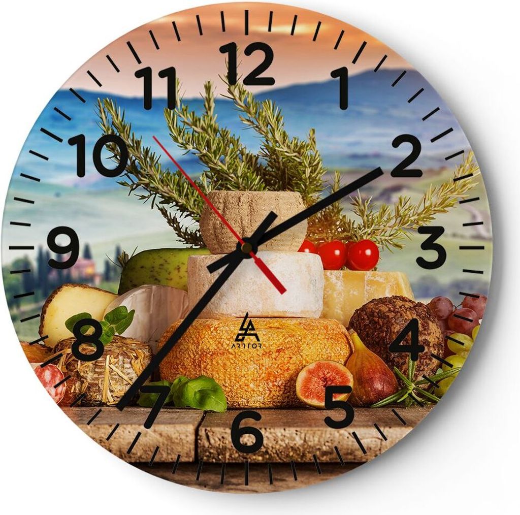 Wanduhr - Rund - Glasuhr - Toskana Käse Obst Italien - 30x30cm - Schleichendes Uhrwerk - Lautlos - zum Aufhängen bereit - Dekoration Modern - Wan...