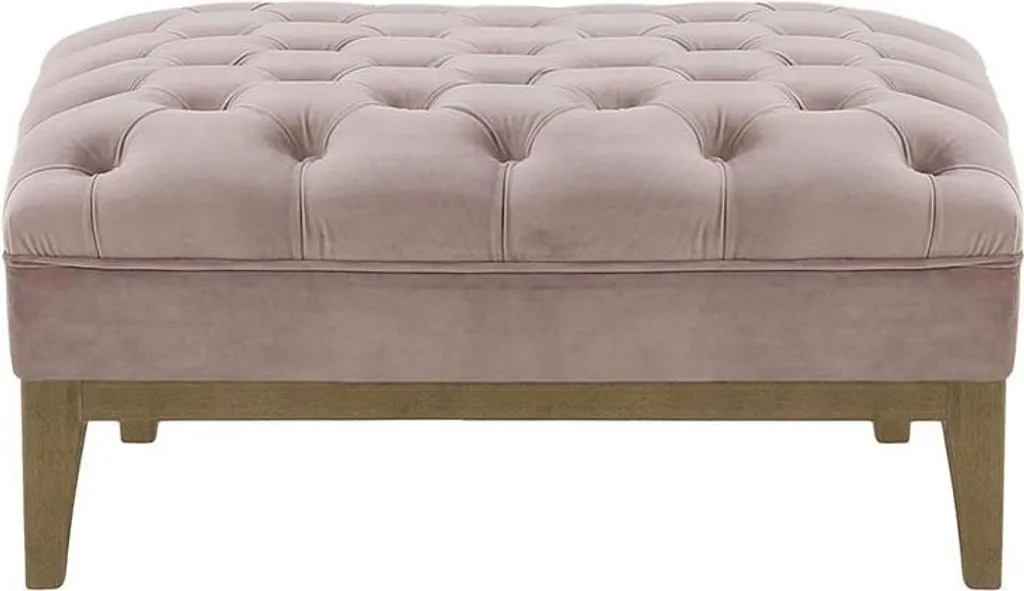 Pouf Carré en Velours Noir et Bois - Tabouret Bas Design Chesterfield