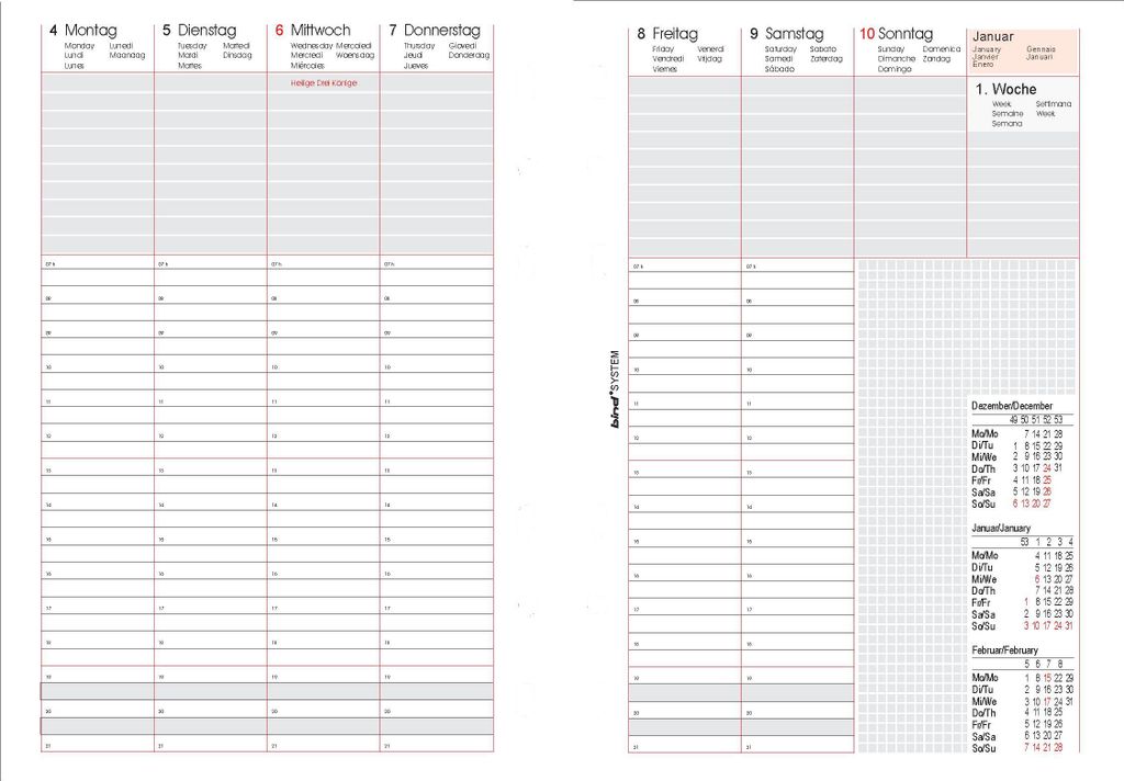 A spread of a planner with daily and weekly layouts.