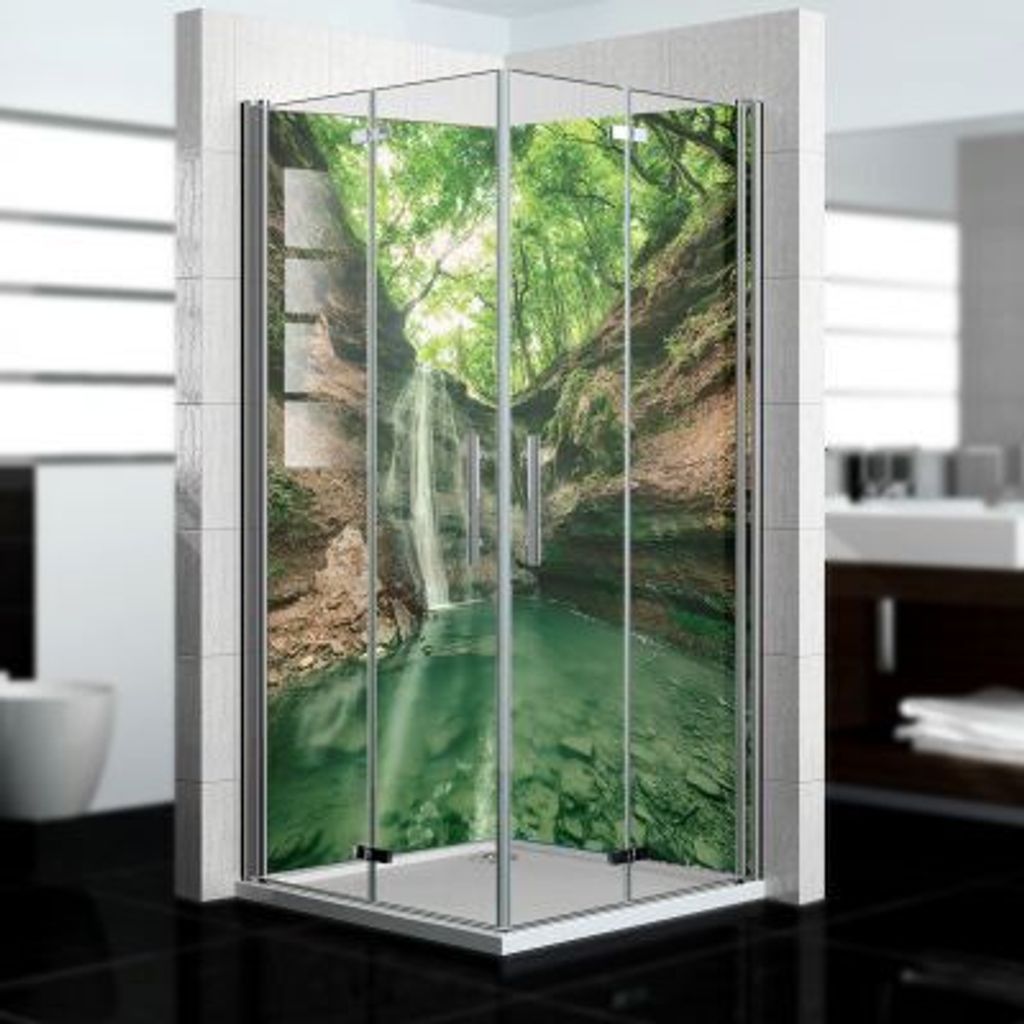 dedeco Eck-Duschrückwände Aluminium wasserfest Motiv: Wasserfall V5, Nano-Protect hochglänzend, 2 x 100x200x0,3cm, Fliesenersatz fugenlos Wandve...