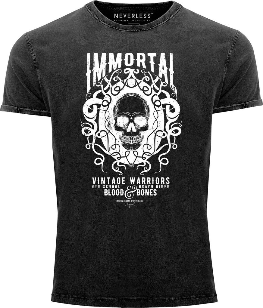 Neverless Herren T-Shirt Vintage Shirt Printshirt Immortal Skull Vintage Warriors Totenkopf Aufdruck Used Look Slim Fit schwarz L
