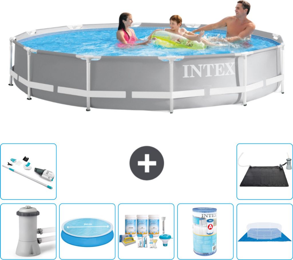 Intex Round Prism Frame Swimming Pool – 366 x 76 cm – Grau – inklusive Pumpe Sonnensegel - Wartungspaket - Filter - Bodenplane - Staubsauger ...