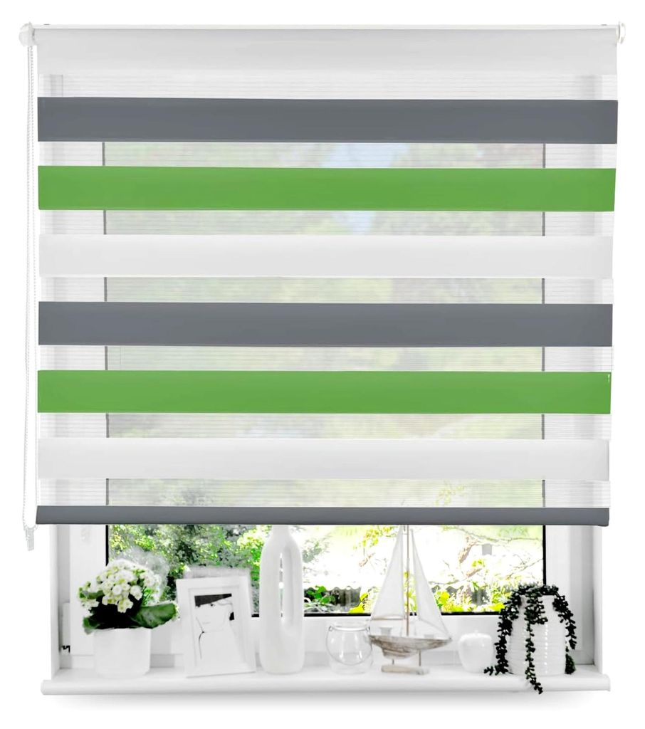 Tom'Shop Doppelrollo DuoRollo (Weiß-Grau-Grün 140 cm x 150 cm) Duo Rollos für Fenster mit Bohren