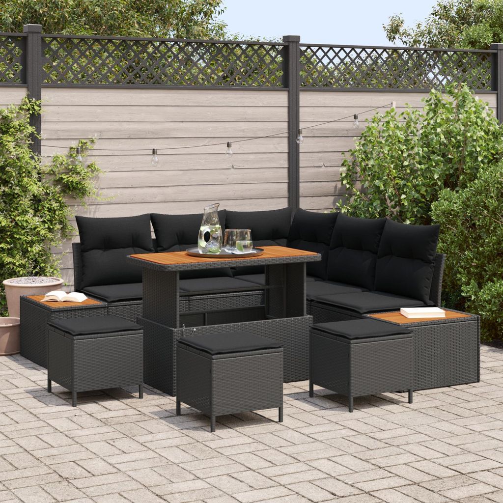 "2025"Cloris 9-teiliges Garten-Sofa-Set mit Kissen - Schwarzes Poly-Rattan - Akazie - Gartensofas Moderne4445508