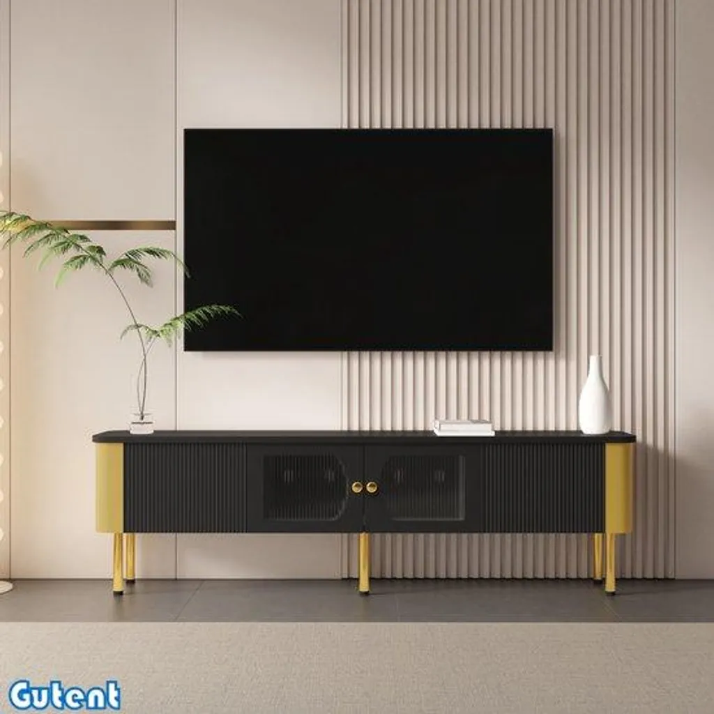 Banc TV en bois noir et métal doré de 140cm pour grand écran plat