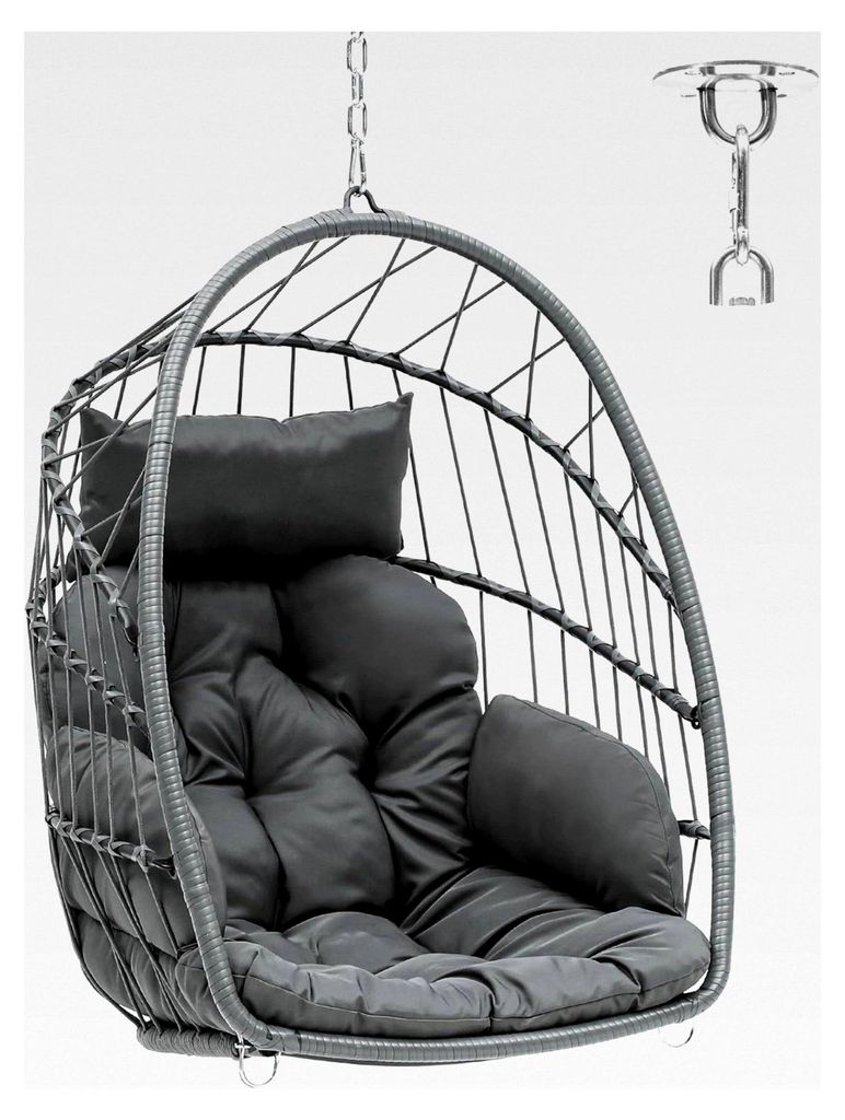 Hängesessel mit max. Belastung von 150 kg, ohne Gestell, inkl. 2 Kissen, stabiler Rattan-Rahmen, 105x74x72 cm, hängend mit Kette und S-Haken für...