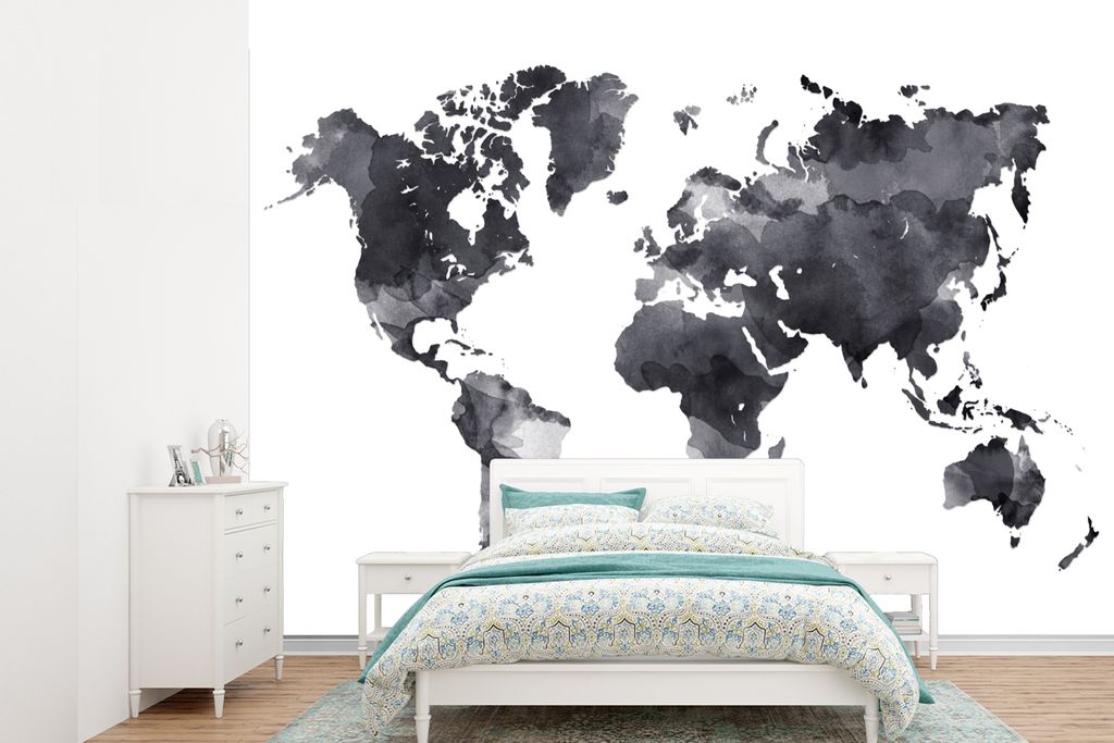 MuchoWow Fototapete für Wohnzimmer oder Schlafzimmer Wandtapete Vinyl Motivtapete Weltkarte - Aquarell - Schwarz - Weiß - 330x240 cm - Vinyltapete