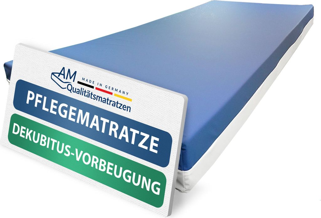 A blue mattress with a white base, presented diagonally with a white informational plaque in the foreground.