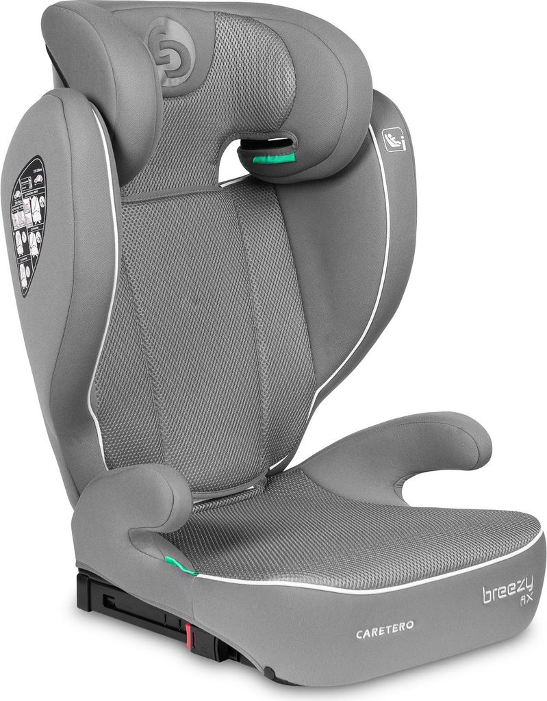 CARETERO Kindersitz mit Isofix, Abnehmbarer Rückenlehne und Verstellbarer Kopfstütze, Breezy, Grau