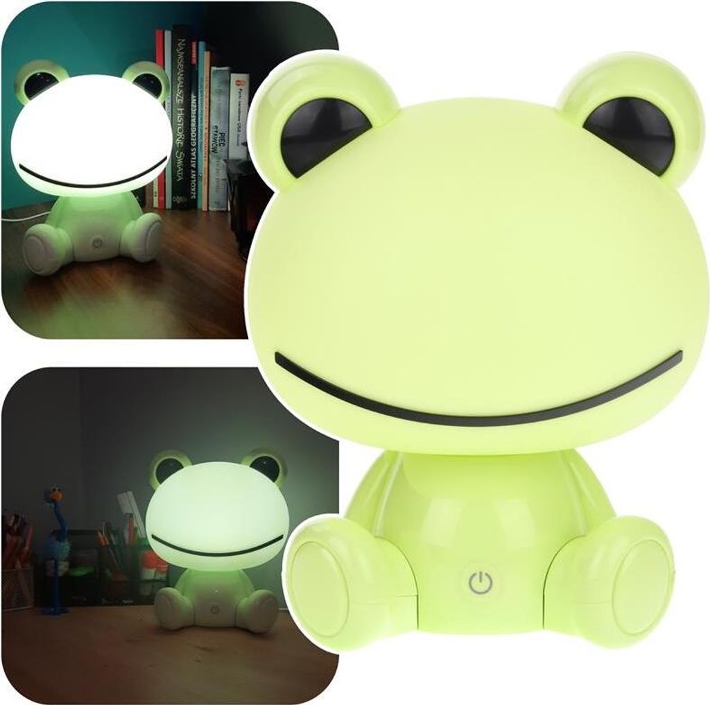 A collage of images showing a frog-shaped LED night light in different lighting conditions and settings.