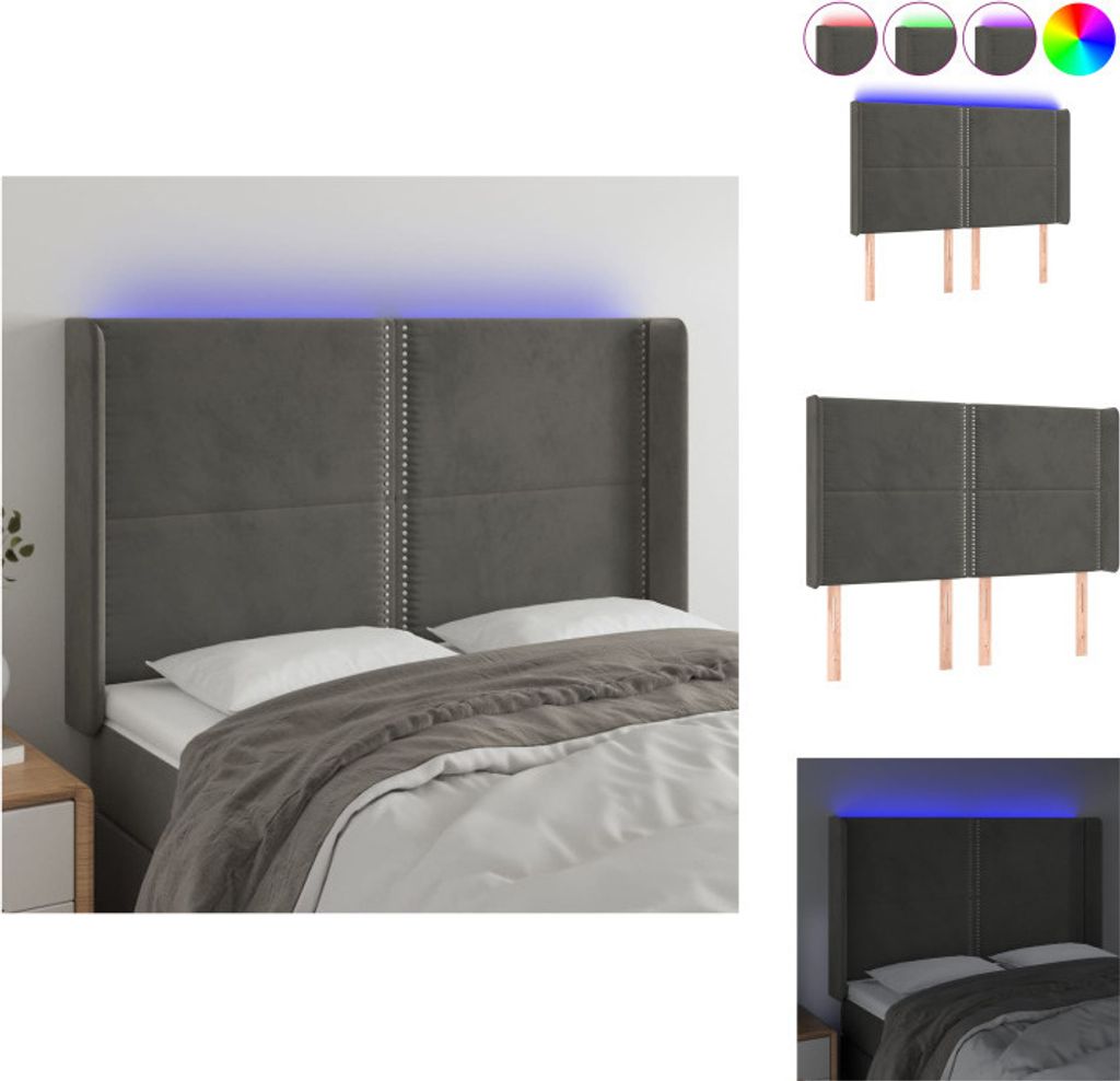 vidaXL LED Kopfteil Dunkelgrau 147x16x118/128 cm Samt - Kopf- & Fußenden