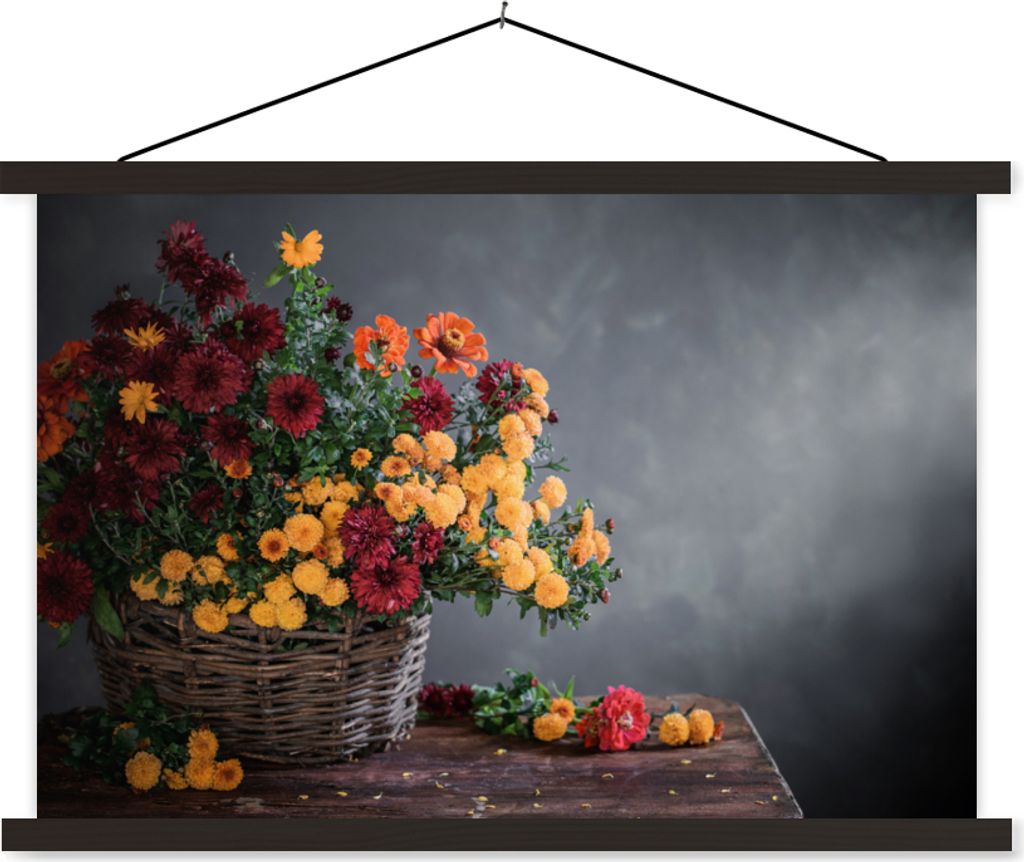 MuchoWow Textilposter Stilleben - Korb - Chrysantheme 90x60 cm mit schwarzem Rahmen - Aufhängungssatz