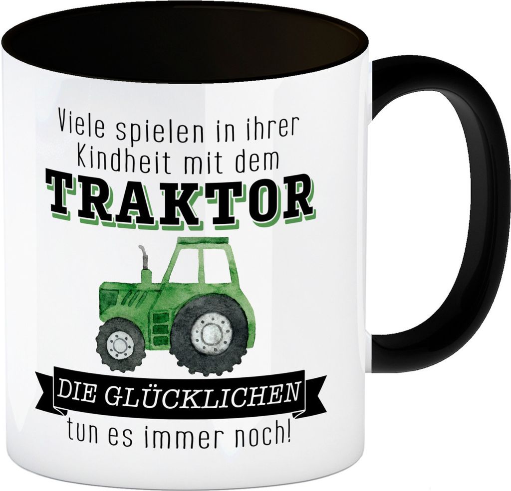 Traktor Kaffeebecher in schwarz mit Spruch Kindheitsträume - Für immer Traktor