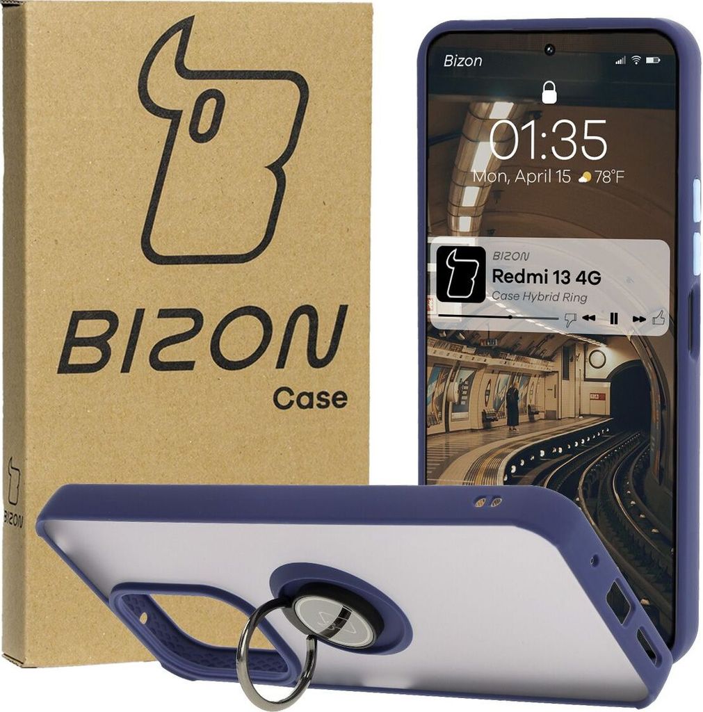 Bizon Case Hybrid Ring Fingerringhülle für Xiaomi Redmi 13 4G, Rauch mit marineblauem Rahmen
