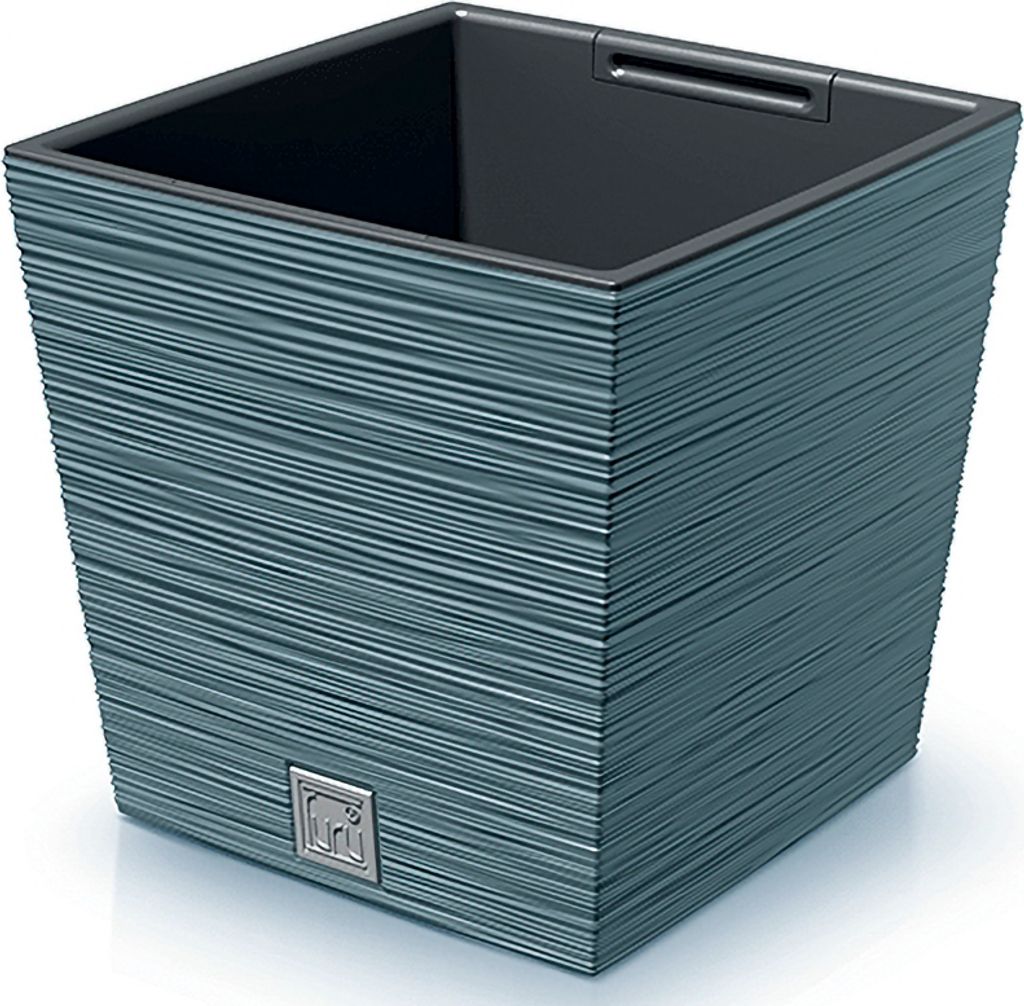 A square blue planter with a textured surface sits on a white background.