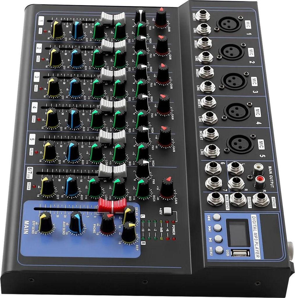 Audiomixer - 7-Kanal Mischpult - Bluetooth - USB - DJ & Live/Studio - Ohne integrierten Akku