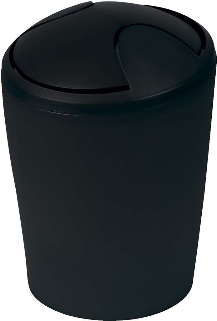 A black trash can with a swing lid.