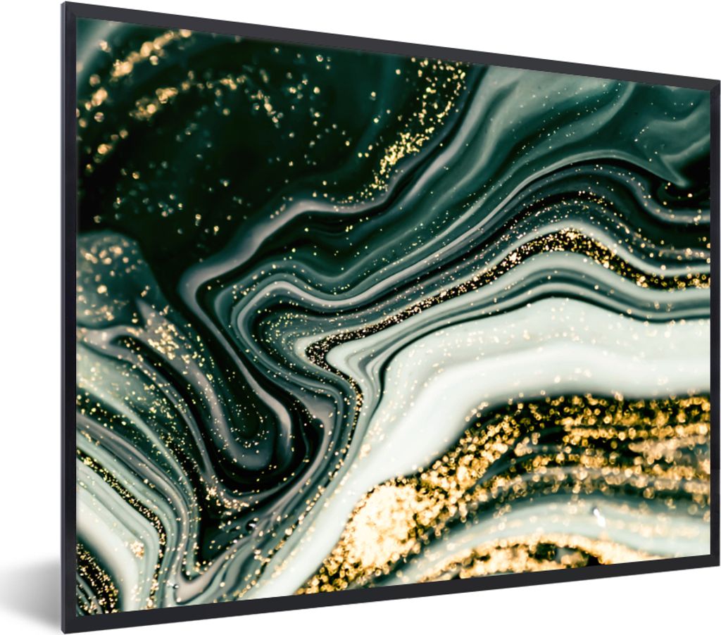 MuchoWow Gerahmtes Poster Marmoroptik - Gold - Grün - Glitter - Design - Marmor 80x60 cm - Poster mit Schwarzem Bilderrahmen Wandposter Rahmen F...