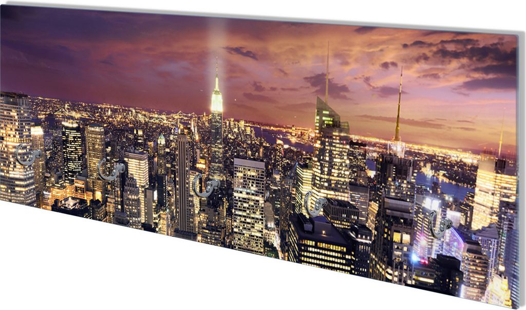 Wallario Flurgarderobe Wandgarderobe aus Glas, mit 5 Haken, Größe 80 x 30 cm, Motiv New York bei Nacht - Panoramablick über die Stadt