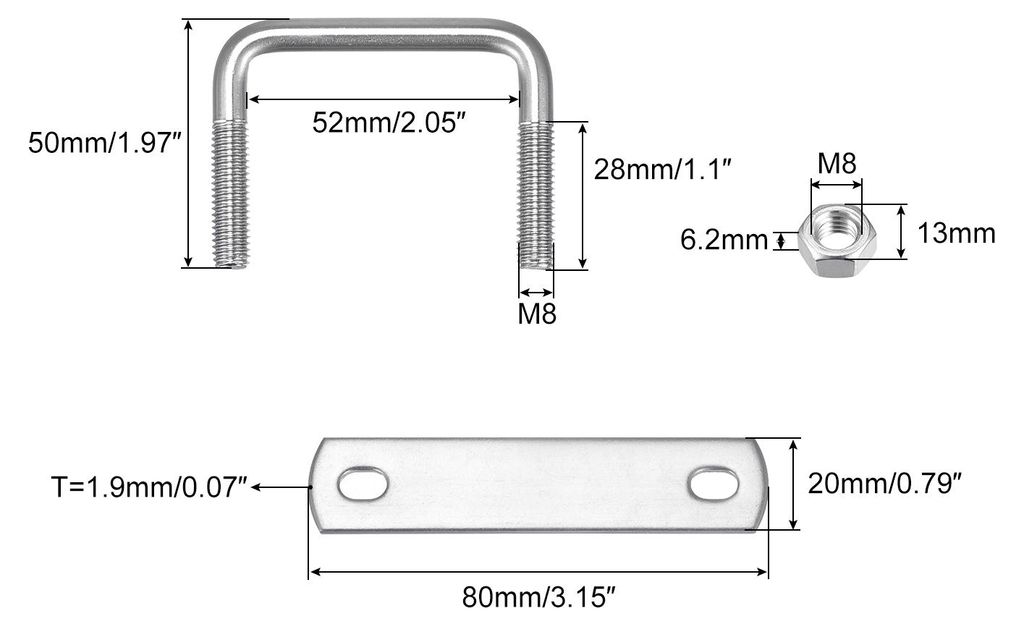 2 S?tze Quadratische U Bolzen 52mm(2.05") Innenbreite 50mm L?nge M8 304 Edelstahl U Klemmschraube mit Mutter und Platte fš¹r Bootsanh?nger