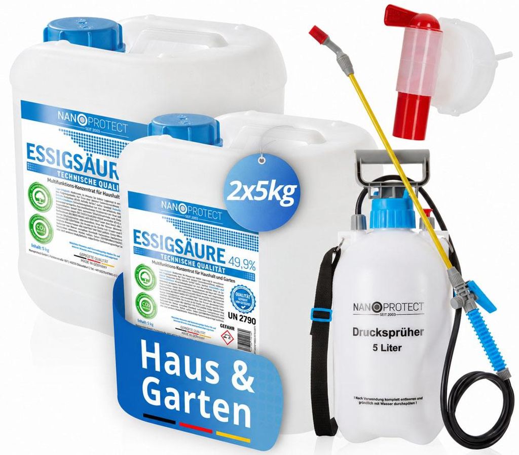 Nanoprotect Essigsäure Klimaneutral - 10 kg inkl. Drucksprüher + Auslaufhahn | 49,9% | Nachhaltig und CO2 neutral | Ideal als Reiniger und Entkal...