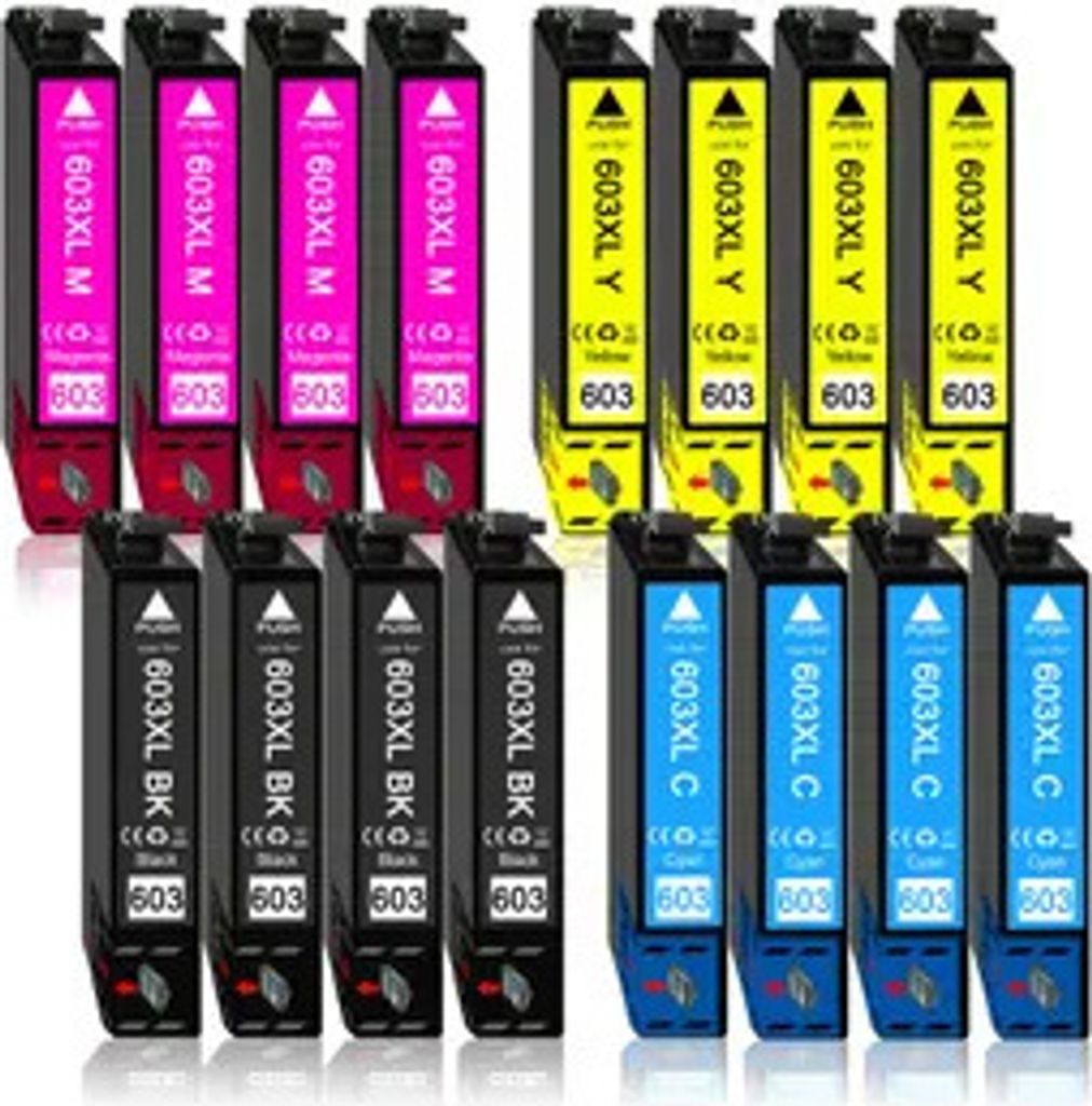 A collection of printer ink cartridges arranged in rows on a white background.