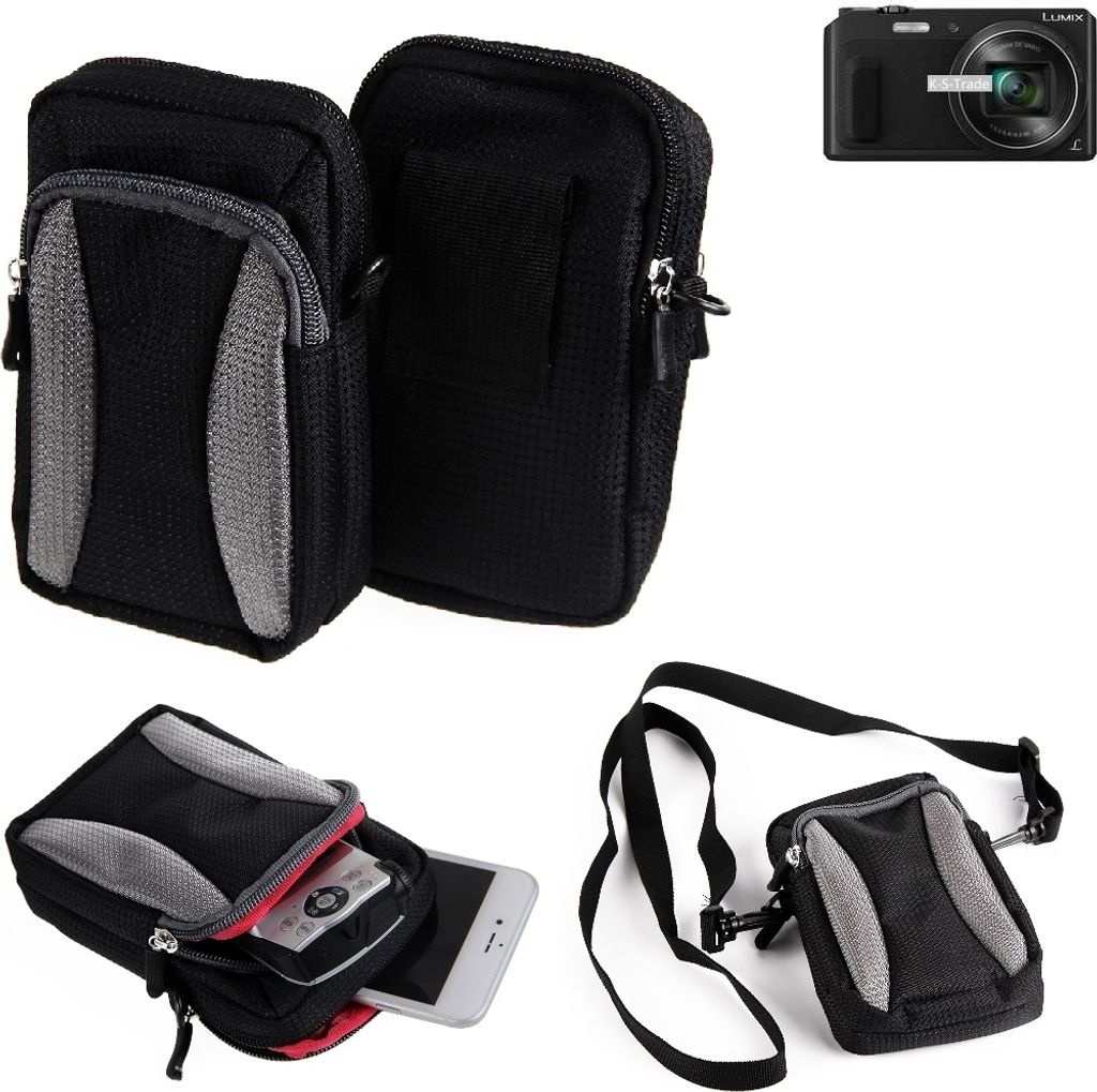 K-S-Trade Fototasche kompatibel mit Panasonic Lumix DMC-TZ58 Gürtel-Tasche Holster Umhänge Tasche Kameratasche, schwarz-grau Brust-Beutel
