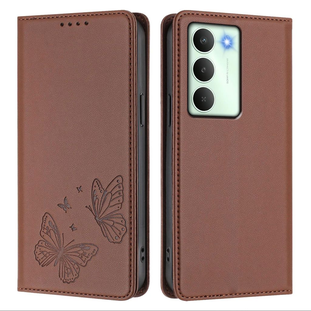 Lederhülle für Realme14X/Realme C75 5G, Schmetterling Prägung Leder Brieftasche Schutzhülle mit Ständer Braun