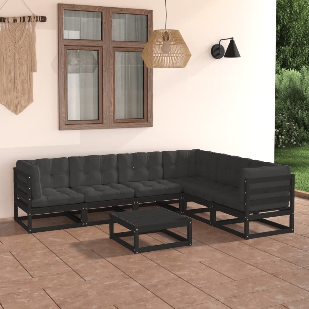 Praktischen Gartenmöbel Set Balkonmöbel-Set 7-tlg. Garten-Lounge-Set mit Kissen Schwarz Massivholz Kiefer - Gartenmöbelgarnituren ,design Möbel...
