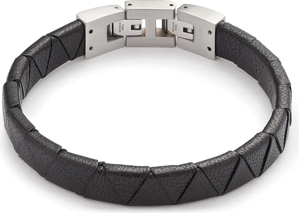 Bracelet homme cuir noir et acier inoxydable Leonardo Padua 22,5 cm