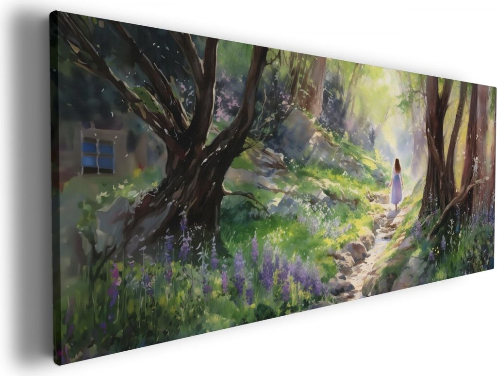 Wallario Premium Leinwandbild Wanderung im Morgenlicht in Größe 50 x 125 cm
