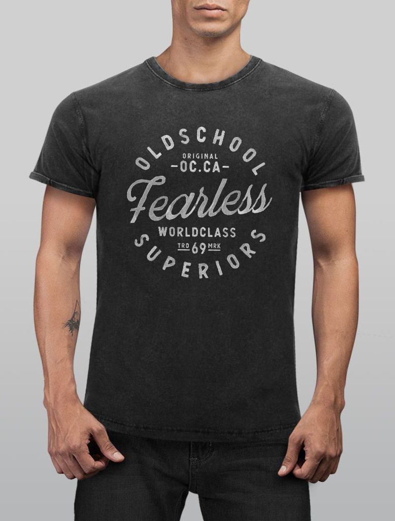 Herren Vintage Shirt Aufschrift Oldschool Fearless Retro Printshirt T-Shirt Used Look Slim Fit Neverless weiss L