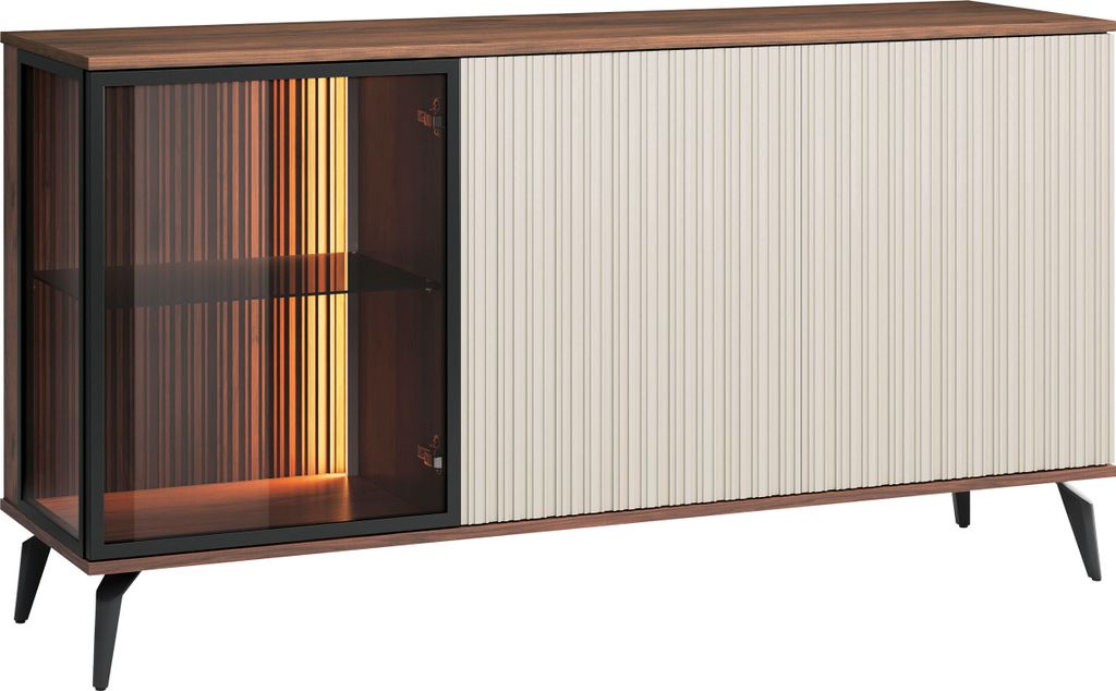 A modern sideboard with a glass door and ribbed panels, displayed against a white background.
