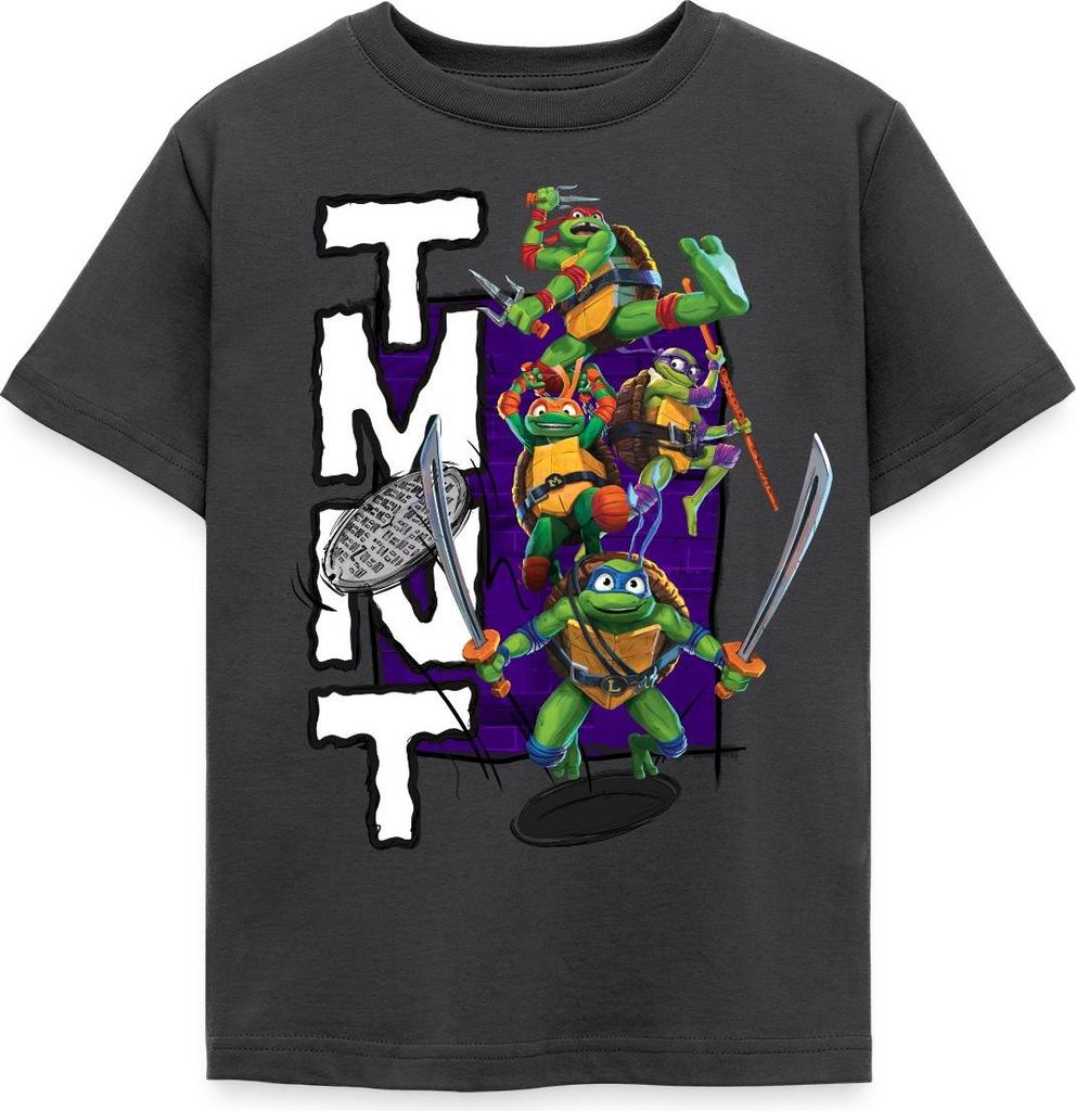 Spreadshirt TMNT Mutant Mayhem Donnie Mikey Leo Raph Kinder T-Shirt, 122/128 (7-8 Jahre), Dunkelgrau