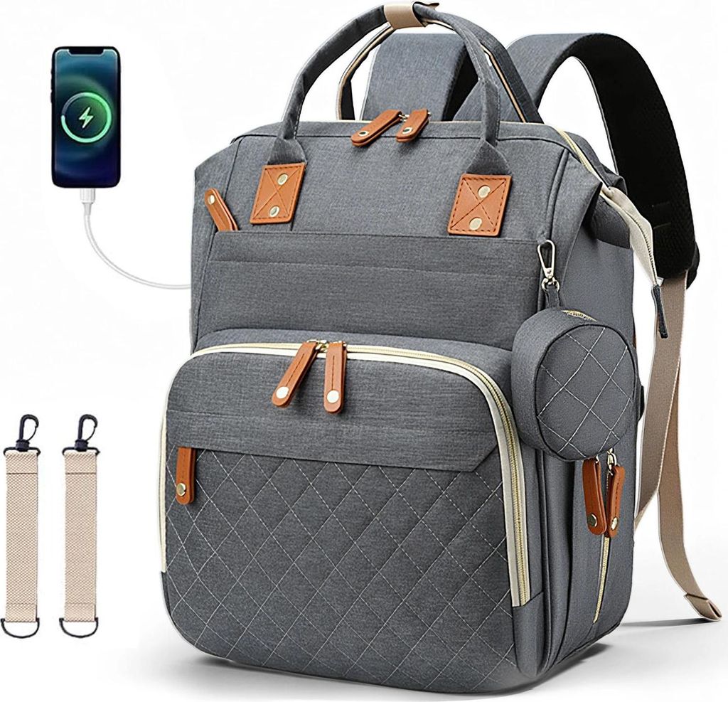 Wickelrucksack - Wickeltasche Rucksack - Leicht, Unisex, Reise, Mit Schnullerhalter, Reißverschluss, Mittel 30–50 cm - Grau