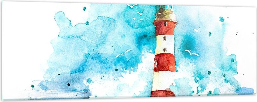 Bilder auf glas - Leuchtturm Wasser Illustration Welle - 90x30cm - Glasbilder - Wandbilder - Kunstdruck - Wanddekoration aus Glas - Glas Bilder - W...
