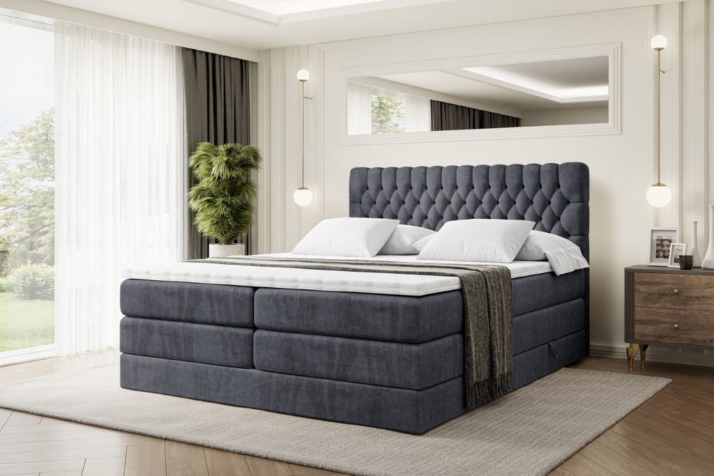 ALTDECOR Boxspringbett mit 2 Matratzen und Topper - 160x200 cm - SERENE KING - Dunkelgrau Samt - Polsterbett mit, H3- und H4- Matratzen, Bettkasten...