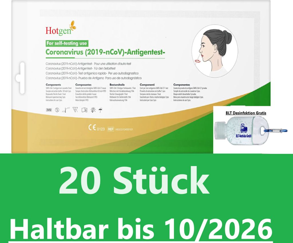 20x Hotgen BIO-TECH COVID-19 & Antigen Haltbarkeit 11/10/2026 +BLT 30ml DesinfektGRATIS! Schnelltest Rapid Test 20 Stück | CE 2934 | Corona Covit ...