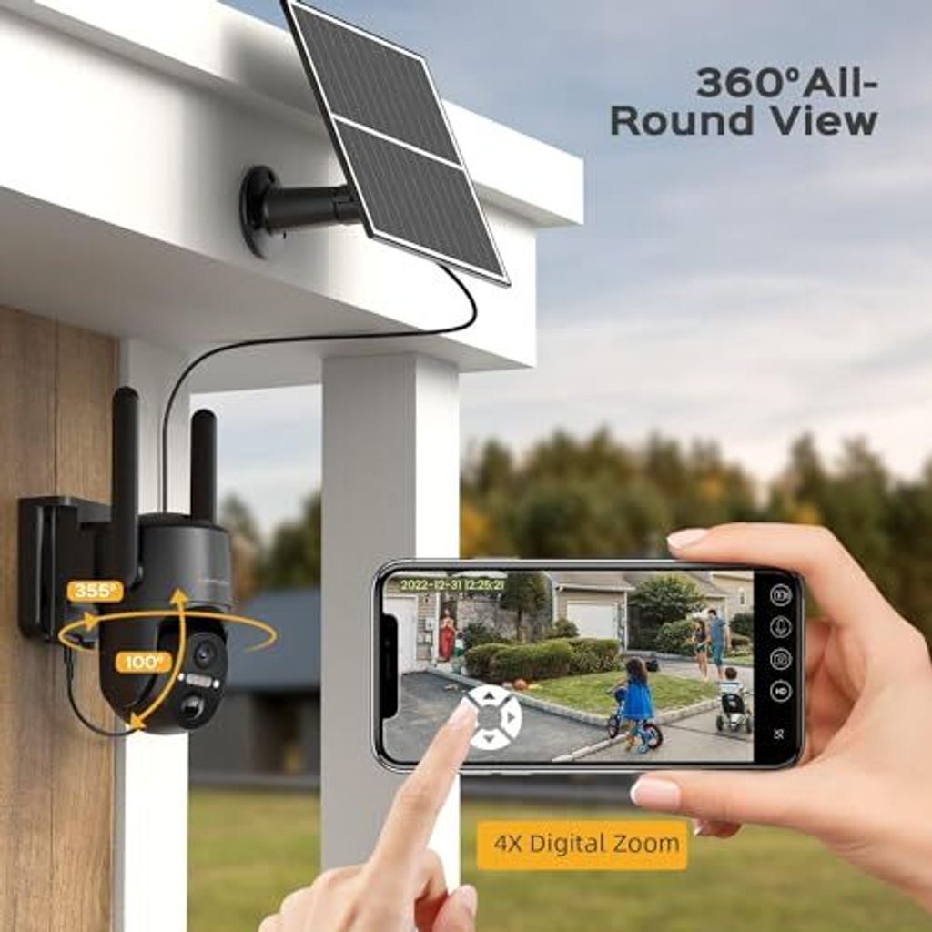 Telecamera 4G Solare Esterna 2K PTZ – Con SIM Inclusa, Rilevamento Umano PIR, Visione Notturna, IP66, Rotazione 355°/100°