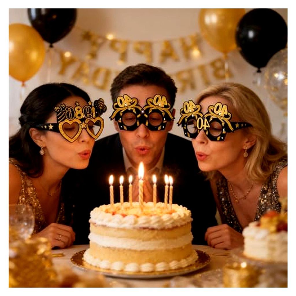 8 Stück 40 Jahre Papierbrillen für Geburtstagsfeiern, Schwarzes Gold Design für 30. Themenparty