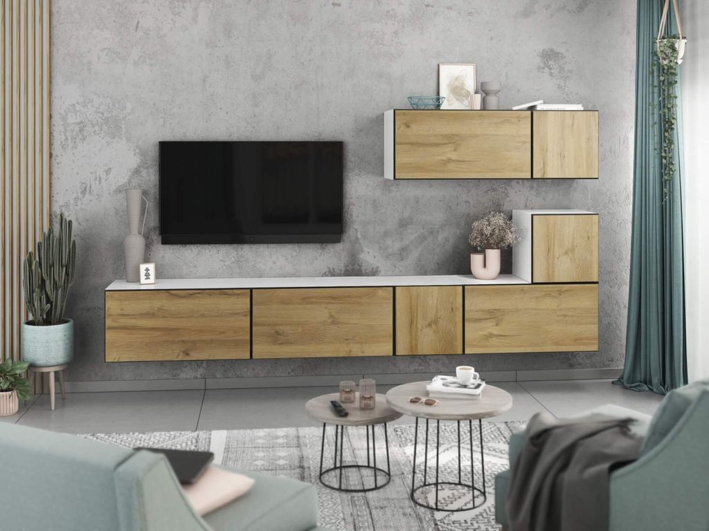 Wohnwand VARIANTO 2 Schrank Set 7 tlg., 266 cm, weiß matt / Evoke Eiche, grifflos, stehend und hängend