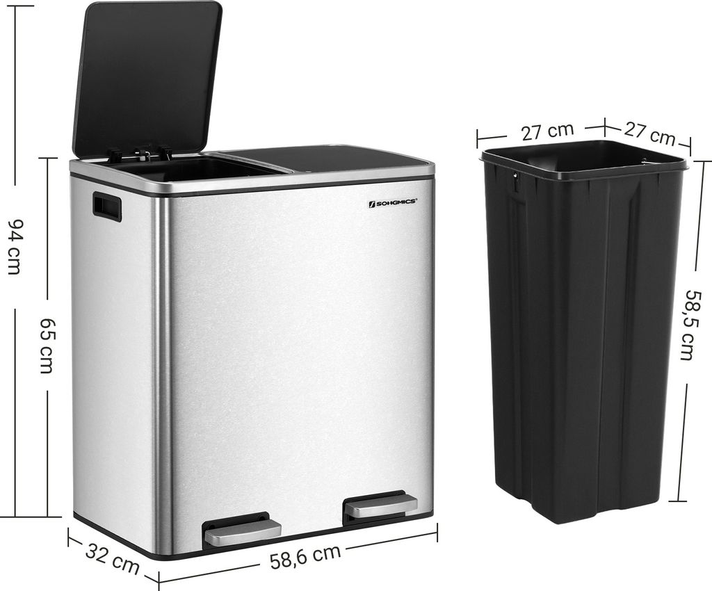 SONGMICS Mülltrenner 2 x 30,0 l silber Produktbild 8