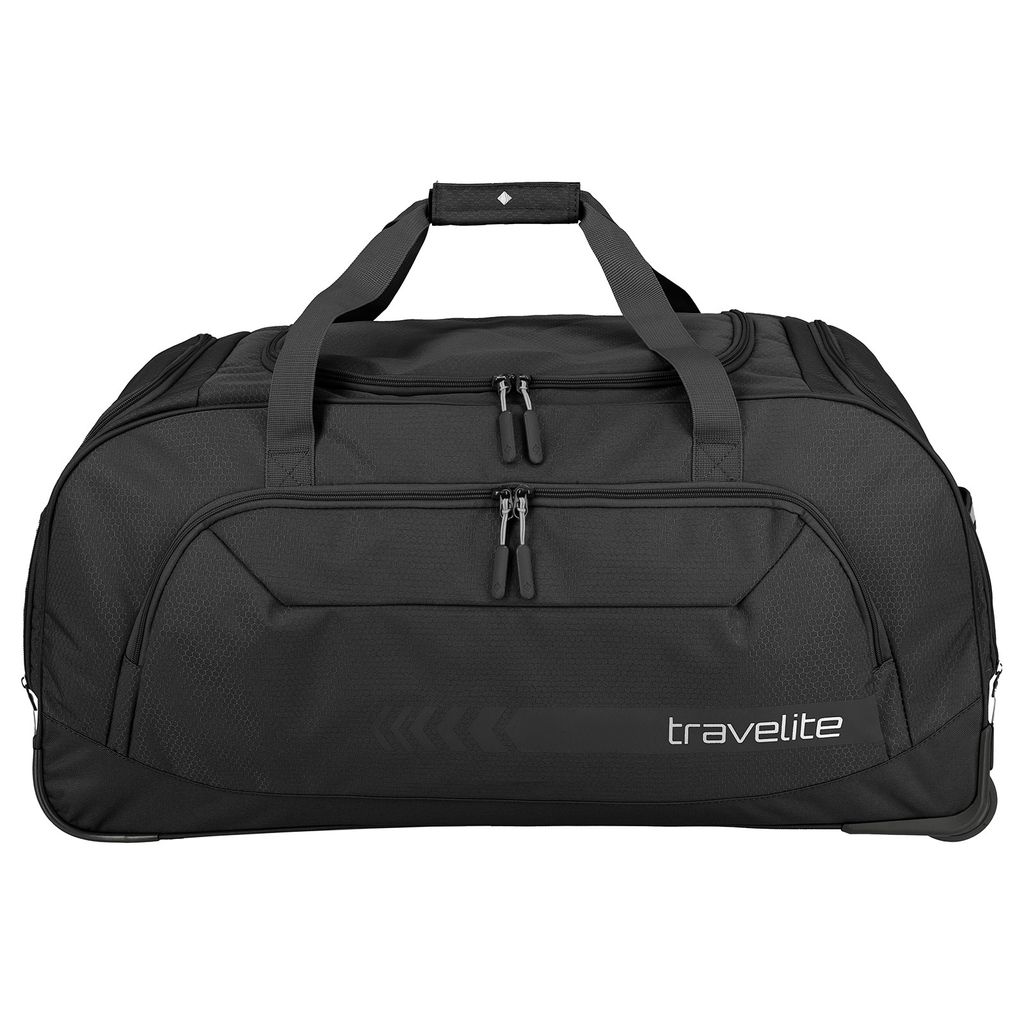 A black Travelite duffel bag is shown against a white background.