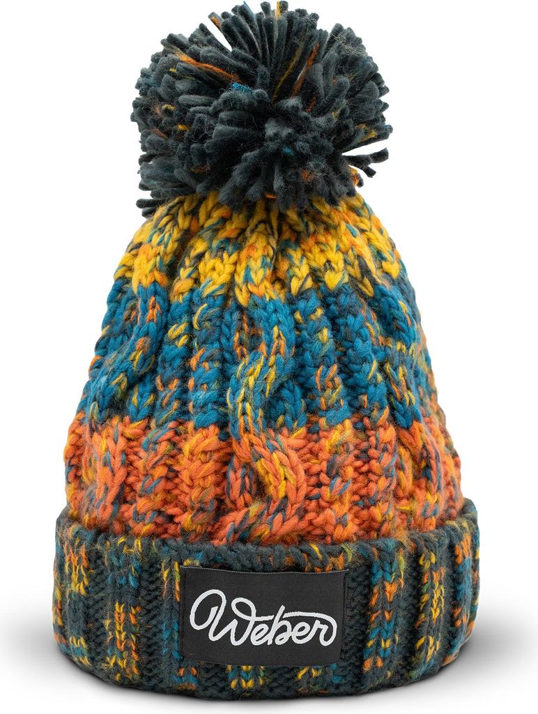 Weber #Werkeholics Bommelmütze Orange Blau | Strickmütze Wintermütze mit Shearling Futter | Warme Uni Mütze mit Bommel für Damen & Herren